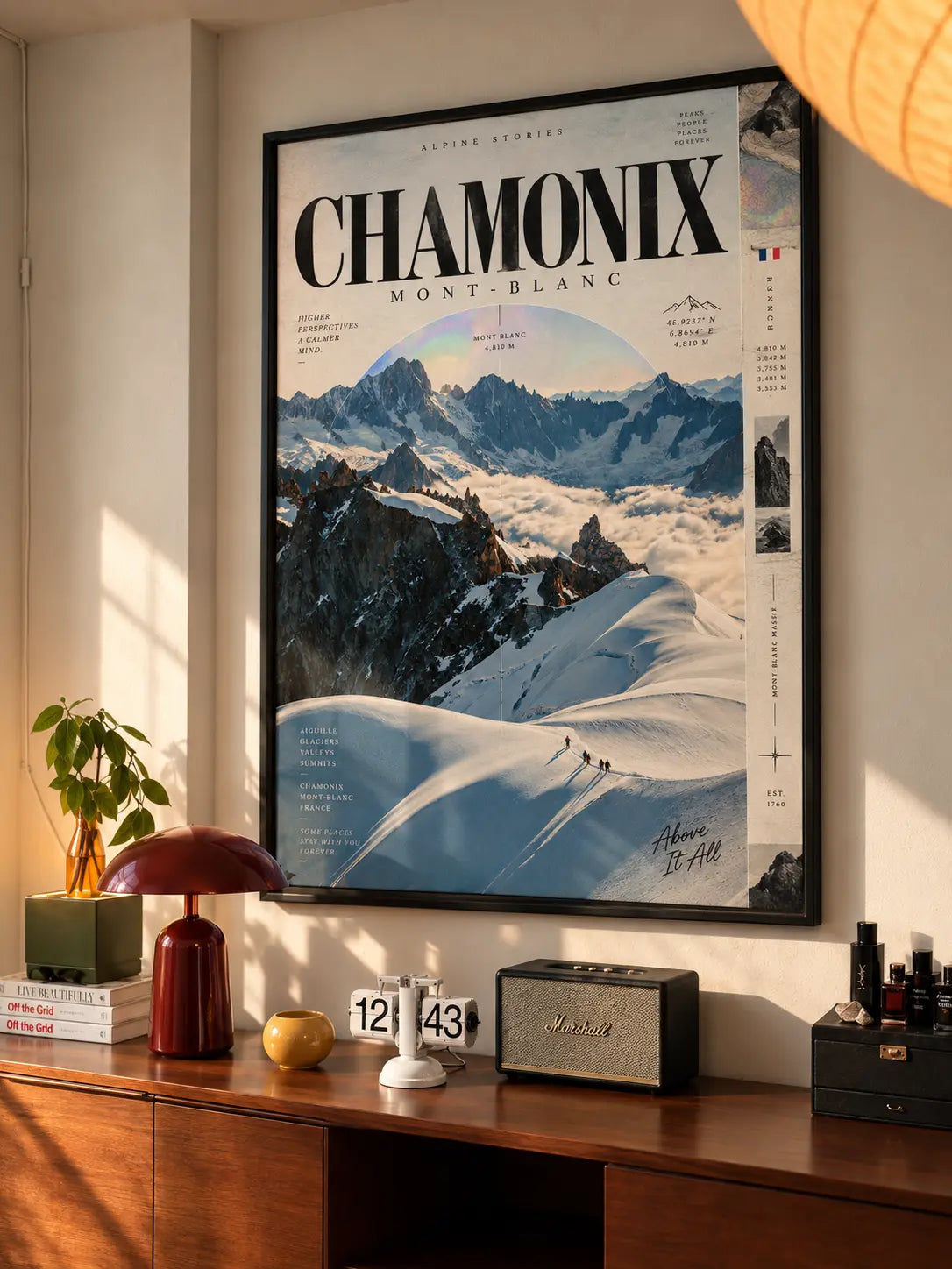 Chamonix Alpine Wall Art featuring snowy French Alps peaks, sweeping ski slopes and deep blue mountain scenery