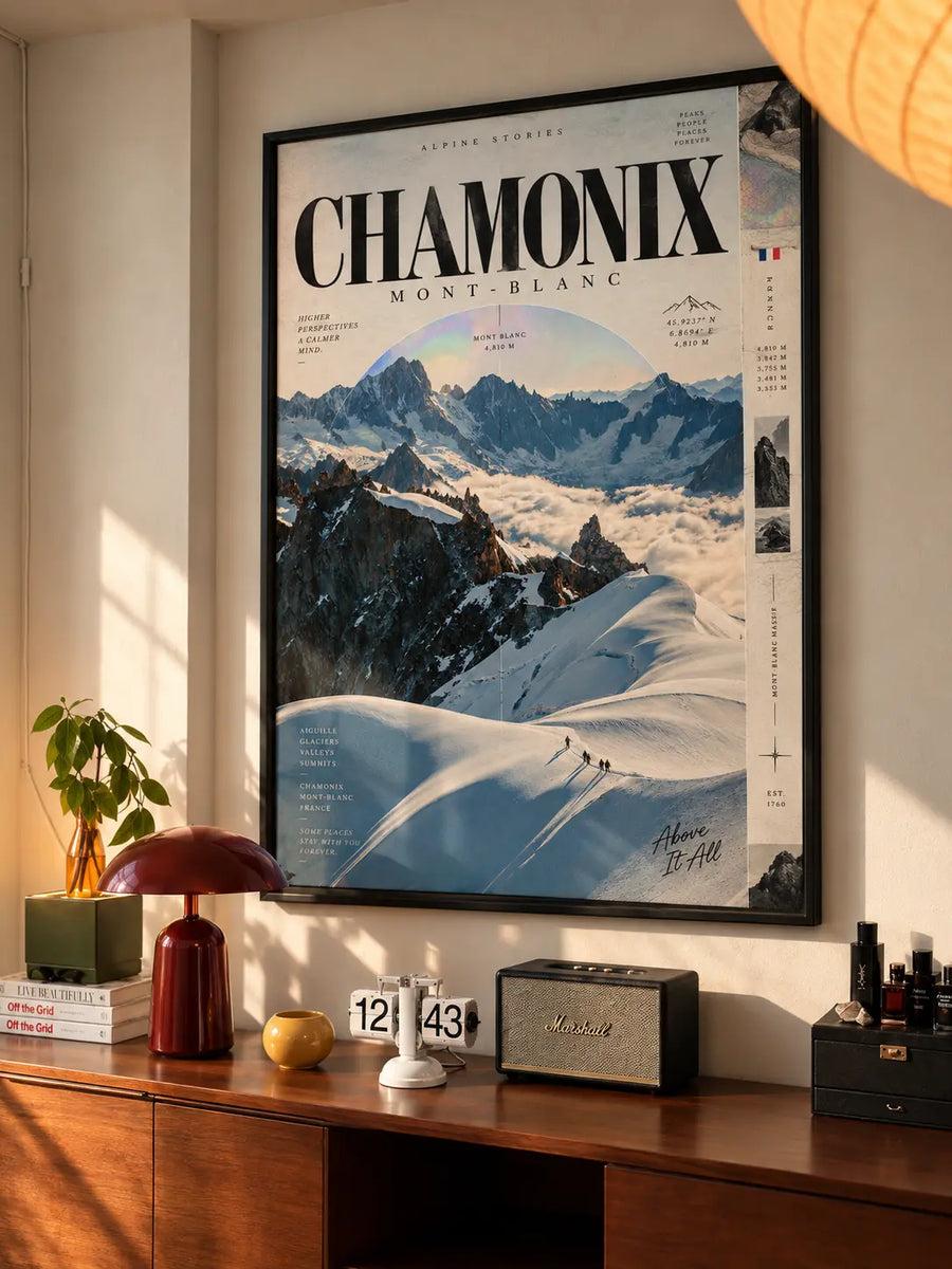 Chamonix Alpine Wall Art featuring snowy French Alps peaks, sweeping ski slopes and deep blue mountain scenery