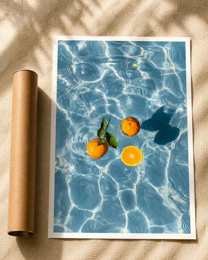 Floating Oranges Print with whole and sliced oranges drifting across clear blue water with soft sunlight reflections.