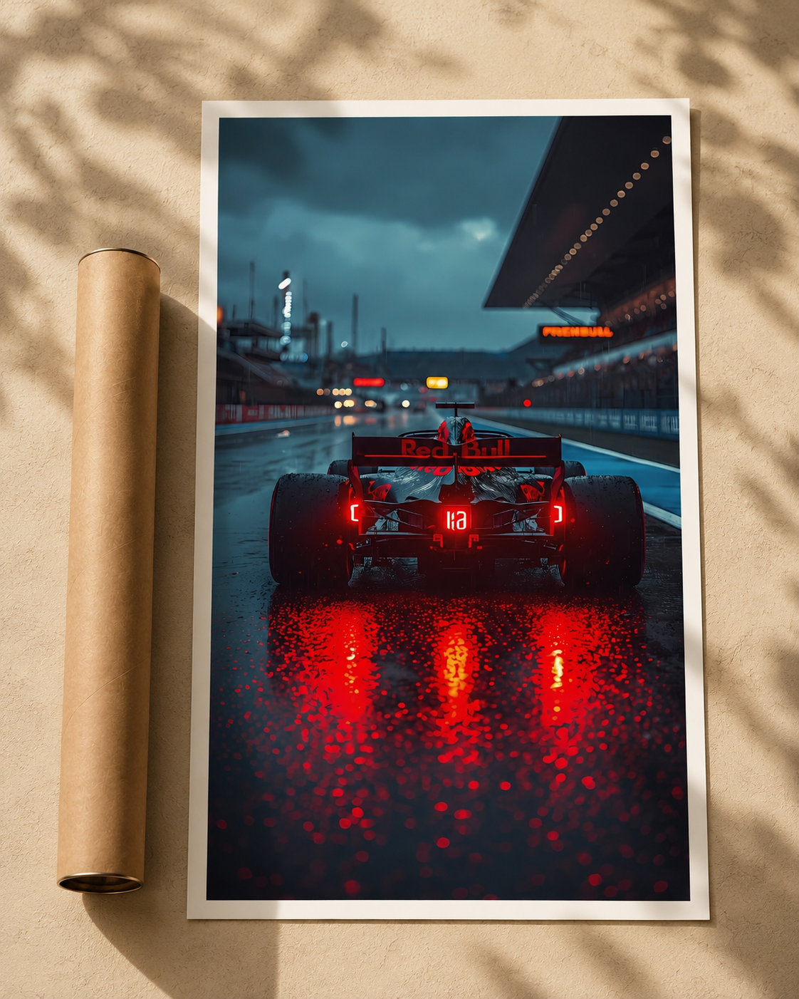 Night Formula car art print poster with rear red race car under night sky