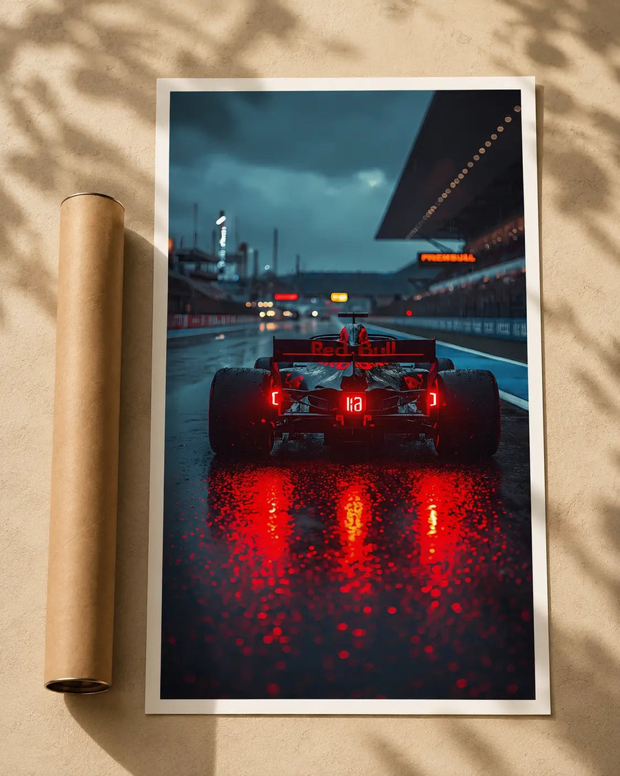 Night Formula car art print poster with rear red race car under night sky