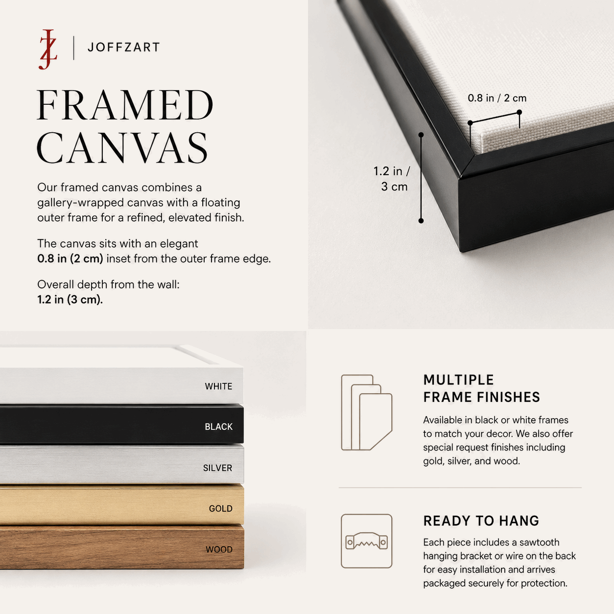 Framed canvas spec graphic with frame depth, sizes, and available finishes