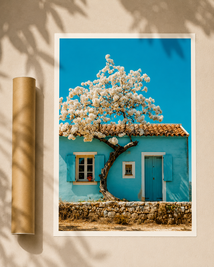 Blue house wall print with blossoming tree, blue shutters, and white border