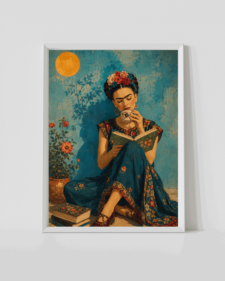 Framed floral portrait poster with Frida-style woman holding a cigarette