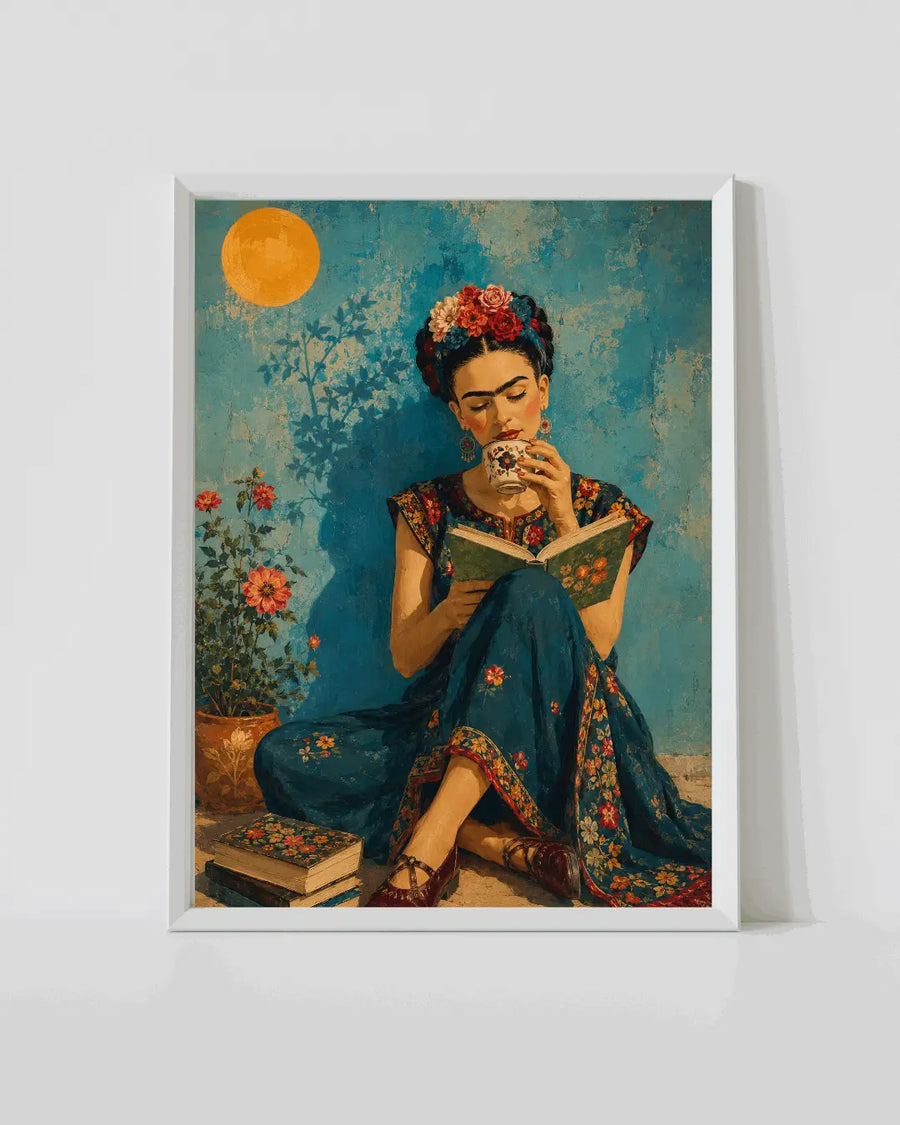 Framed floral portrait poster with Frida-style woman holding a cigarette