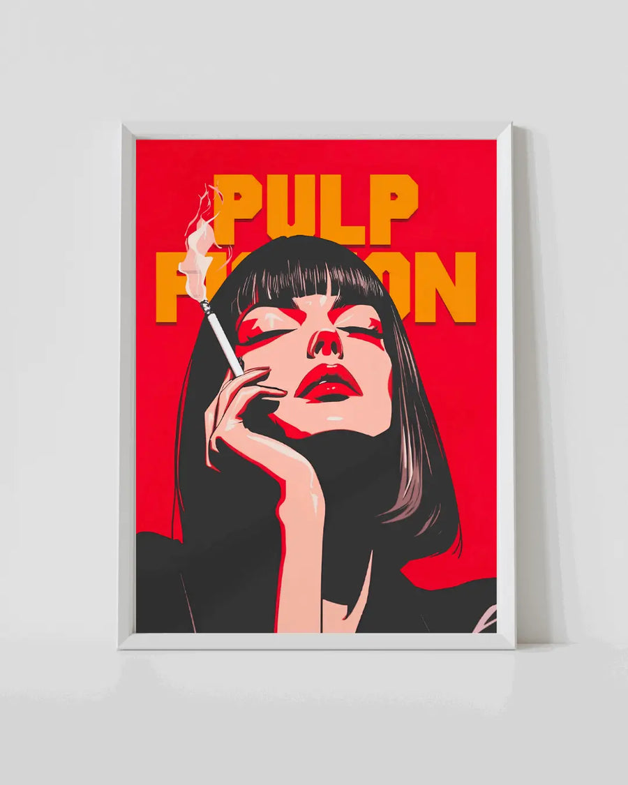 Pop art poster in white frame, red portrait of woman holding a cigarette