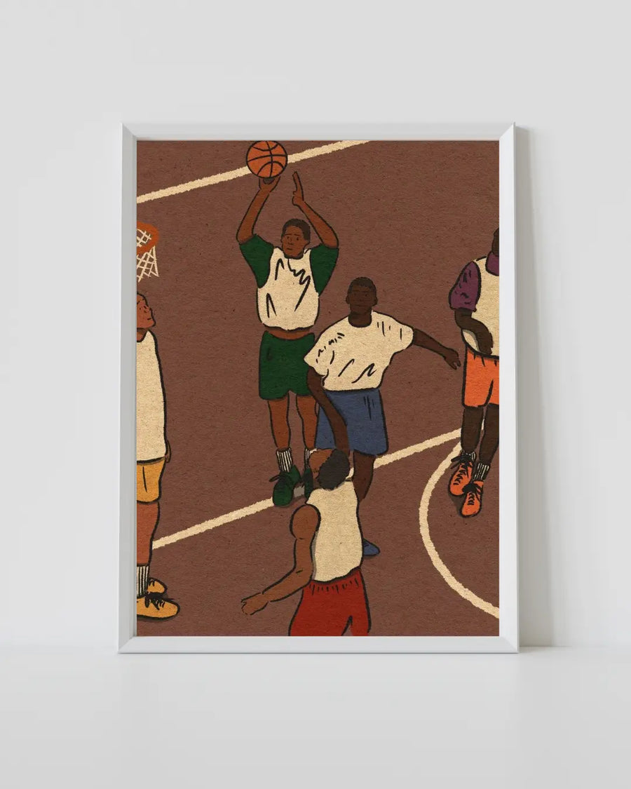 Pickup game basketball wall art print in white frame