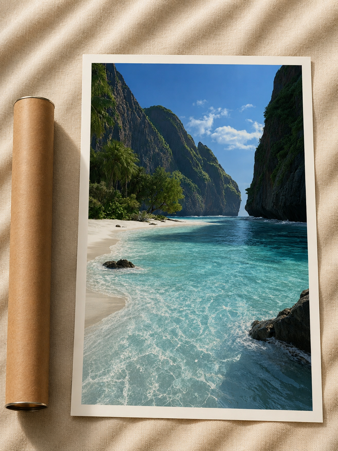 Tropical Lagoon Print featuring turquoise water, lush palm trees, and a peaceful coastal landscape for modern wall décor.