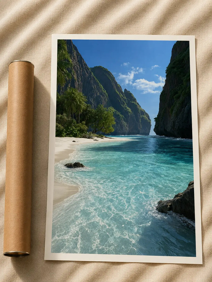 Framed coastal lagoon print with turquoise water, sandy beach, and towering cliffs.