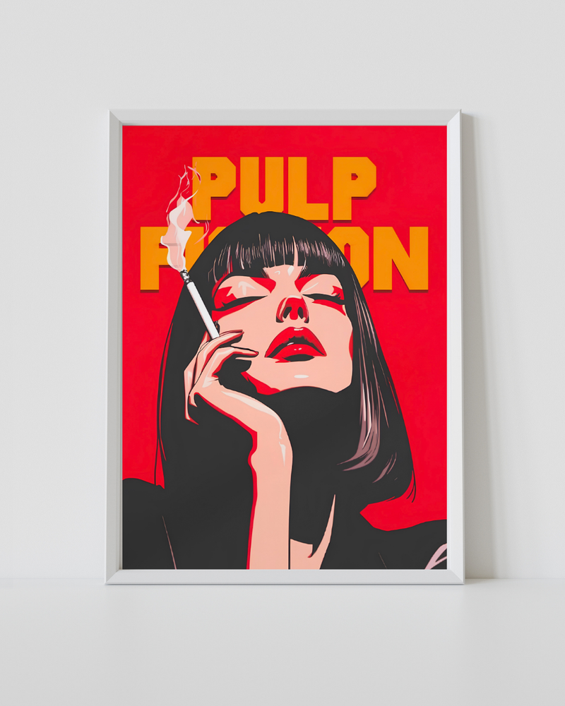 Framed pop art poster with stylized woman holding cigarette, red background, yellow text
