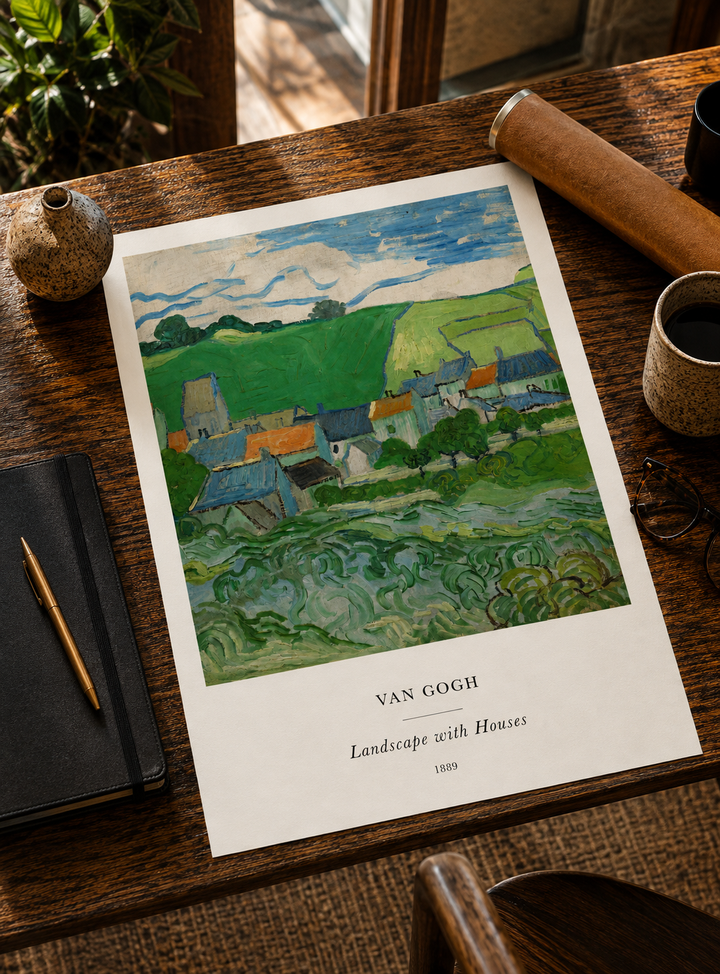 Landscape print with green fields, village houses, and blue sky on white paper