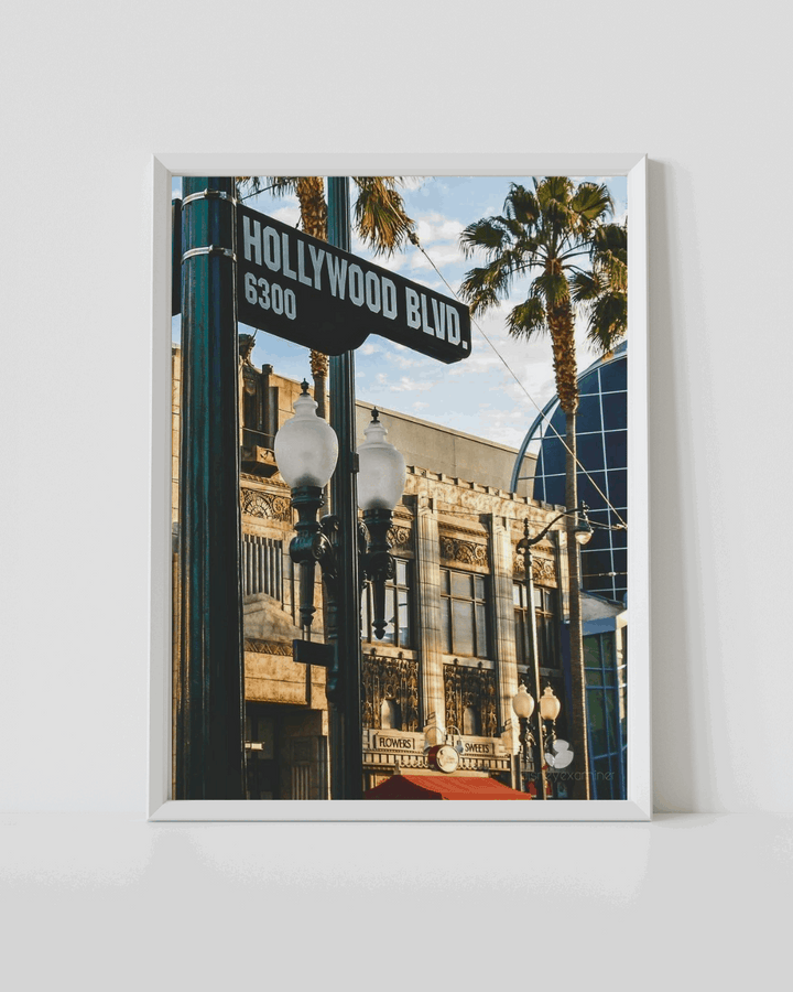 White-framed wall art featuring Hollywood Blvd sign and street lampposts