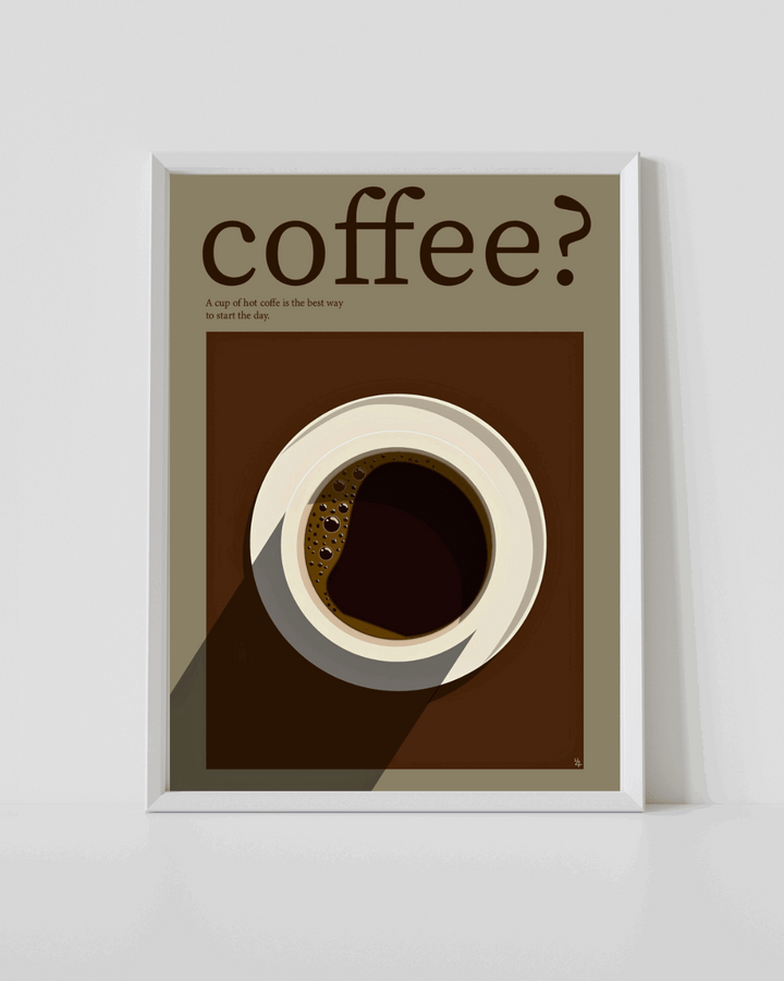 Framed coffee wall art print with 'coffee?' text and cup illustration, white border