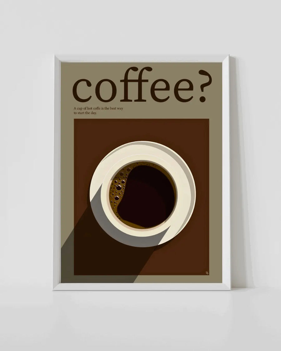 Framed coffee wall art print with 'coffee?' text and cup illustration, white border