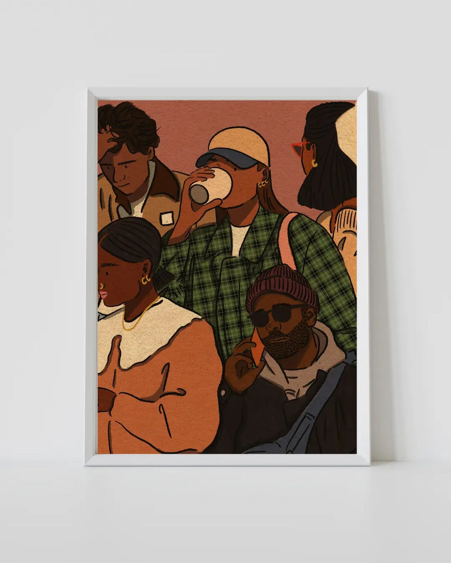 Framed city faces print with illustrated people, dark hair and hats