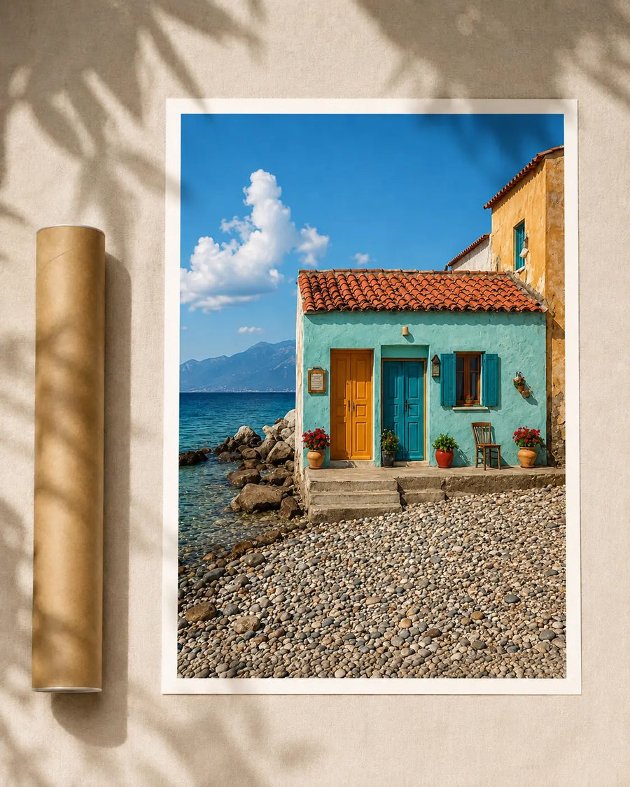 Coastal cottage art print with teal door, orange terracotta roof, white mat border