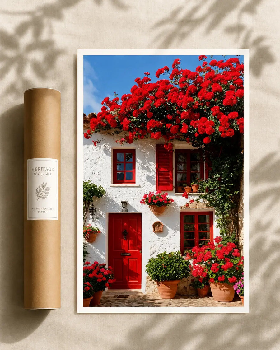 Framed wall art print with red flower house and blue sky, white mat border