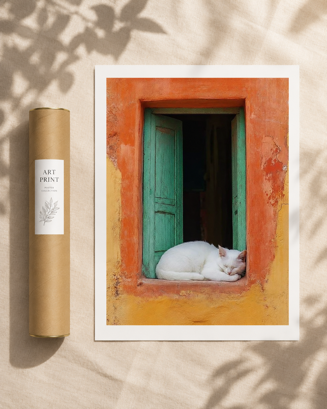 Cat sleeping art print with white border, cat dozing in window with teal door and orange frame