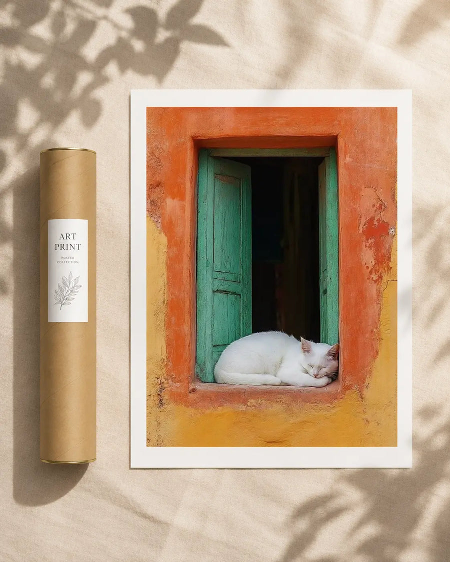Cat sleeping art print with white border, cat dozing in window with teal door and orange frame