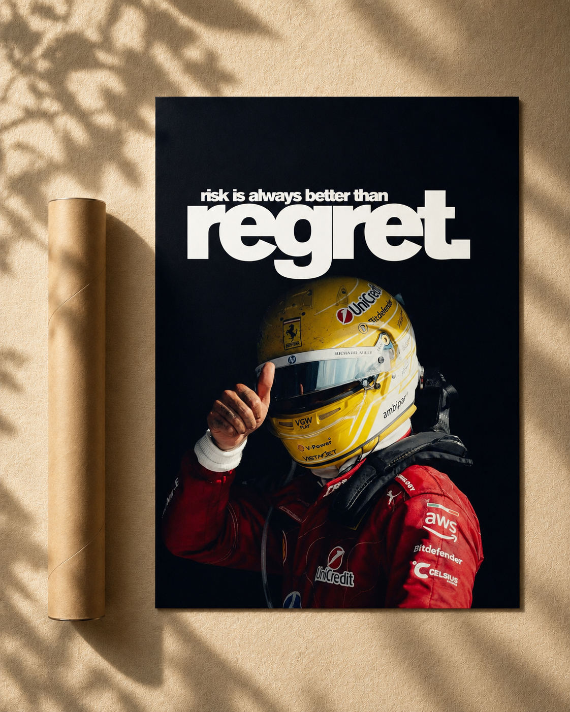 No Limits Formula Poster featuring a racing driver in a yellow helmet with bold white typography on a black background, styled as modern motorsport wall art.