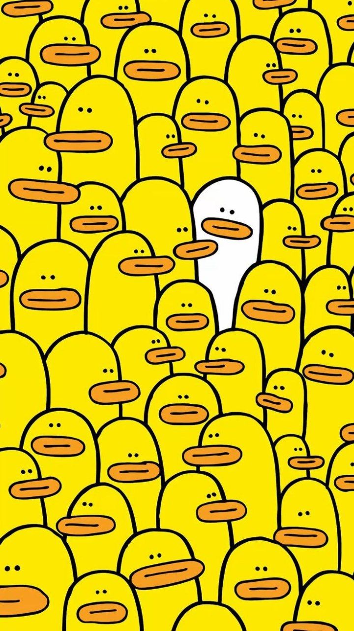 Yellow duck-face pattern graphic wall art print with repeating character faces.