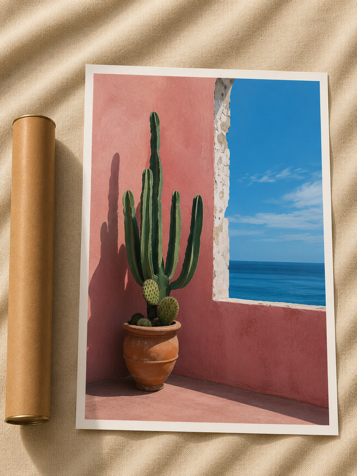 Mediterranean Cactus Print featuring a potted cactus beside a Mediterranean window overlooking the blue sea.