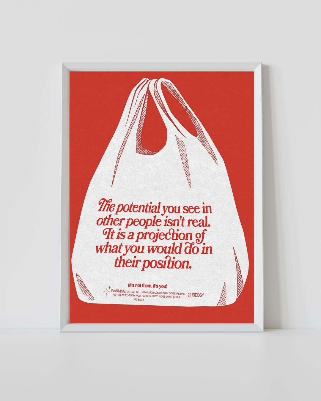 alt
Stampa artistica in stile poster rosso in cornice bianca con figura minimalista e testo citazione