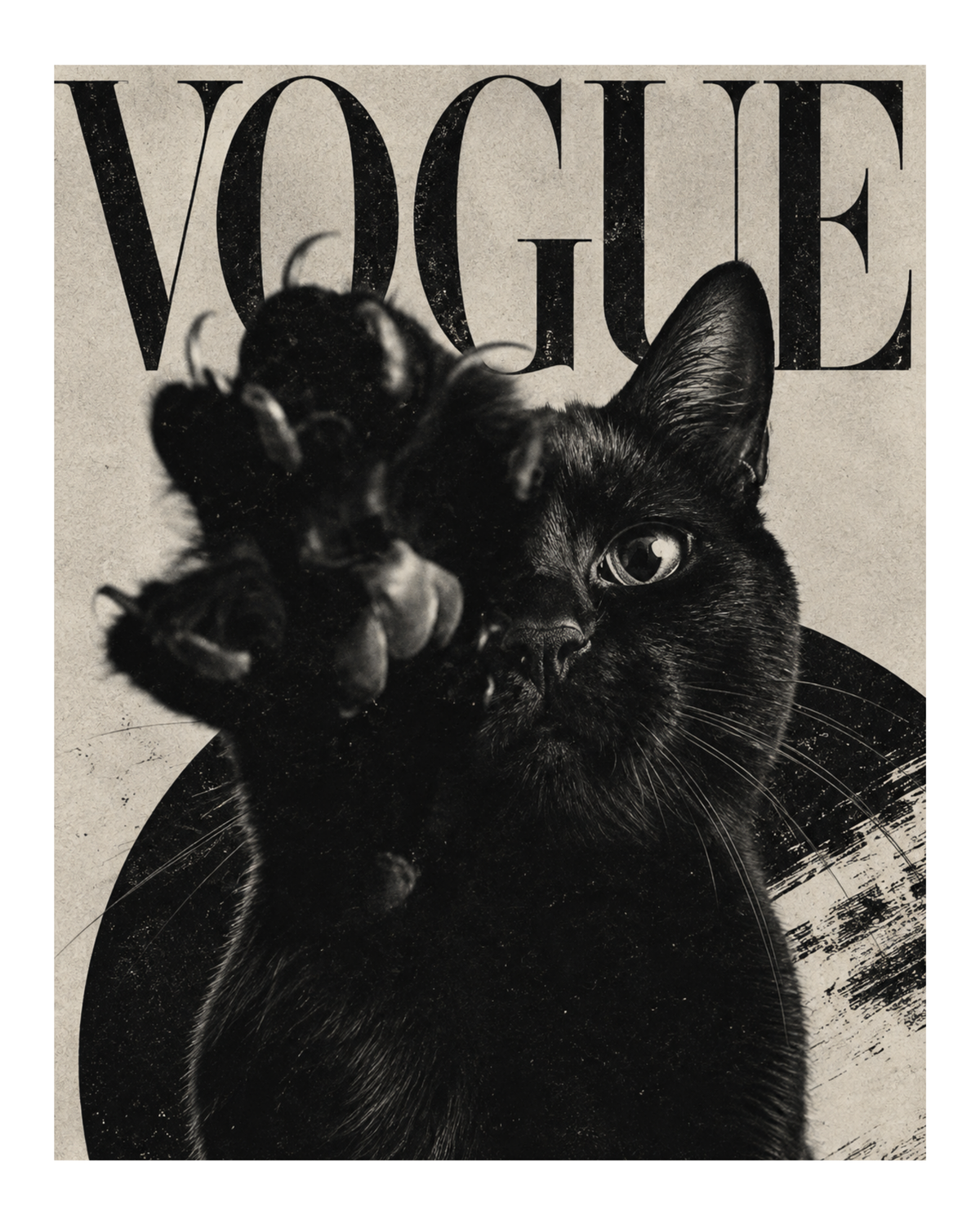 Black Cat Fashion Art Print featuring a bold monochrome cat portrait with a magazine inspired aesthetic