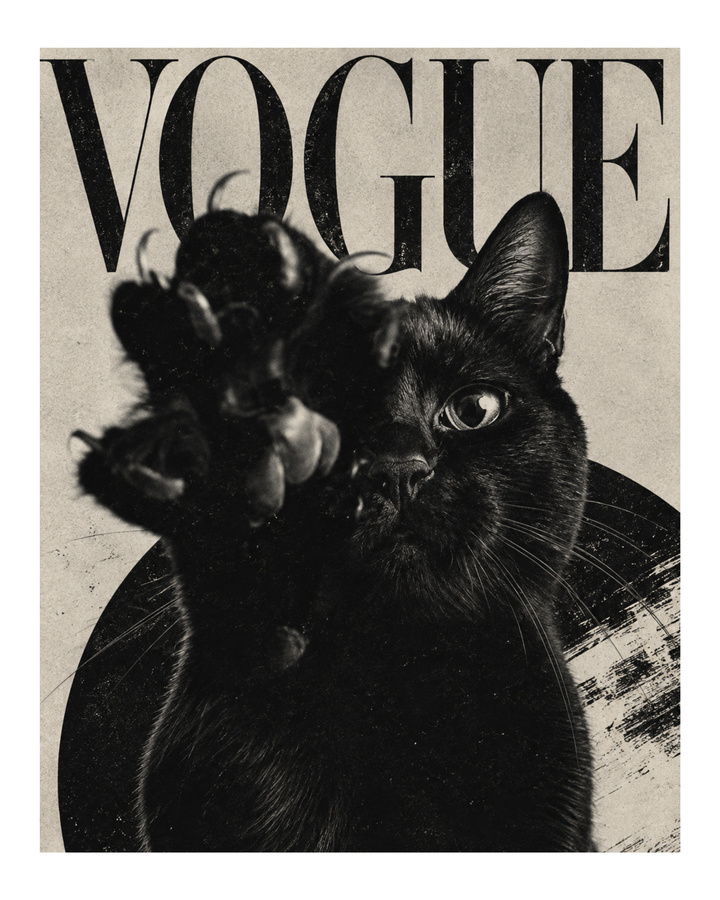 Black Cat Fashion Art Print featuring a bold monochrome cat portrait with a magazine inspired aesthetic