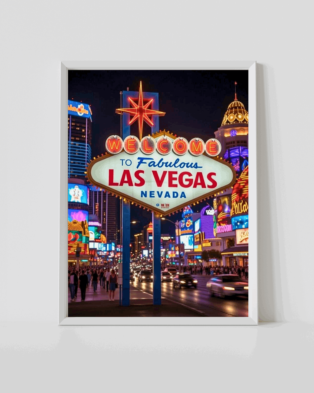 White-framed neon city wall art with colorful “Welcome” sign and skyline night lights