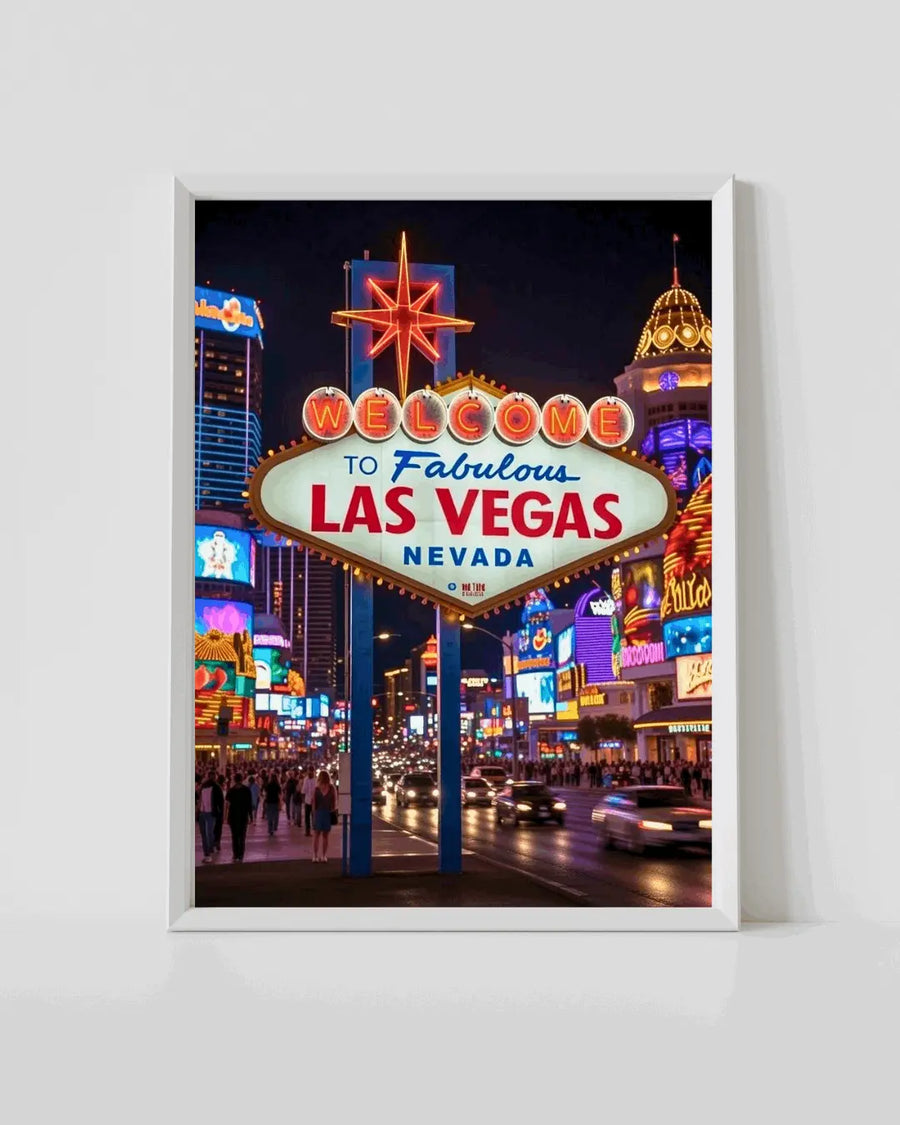 White-framed neon city wall art with colorful “Welcome” sign and skyline night lights