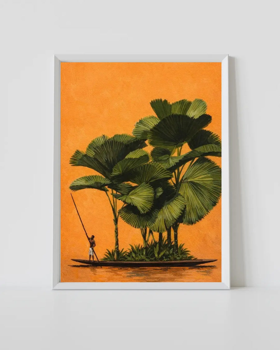 Framed River Palm print with orange backdrop and green palm tree, white border.