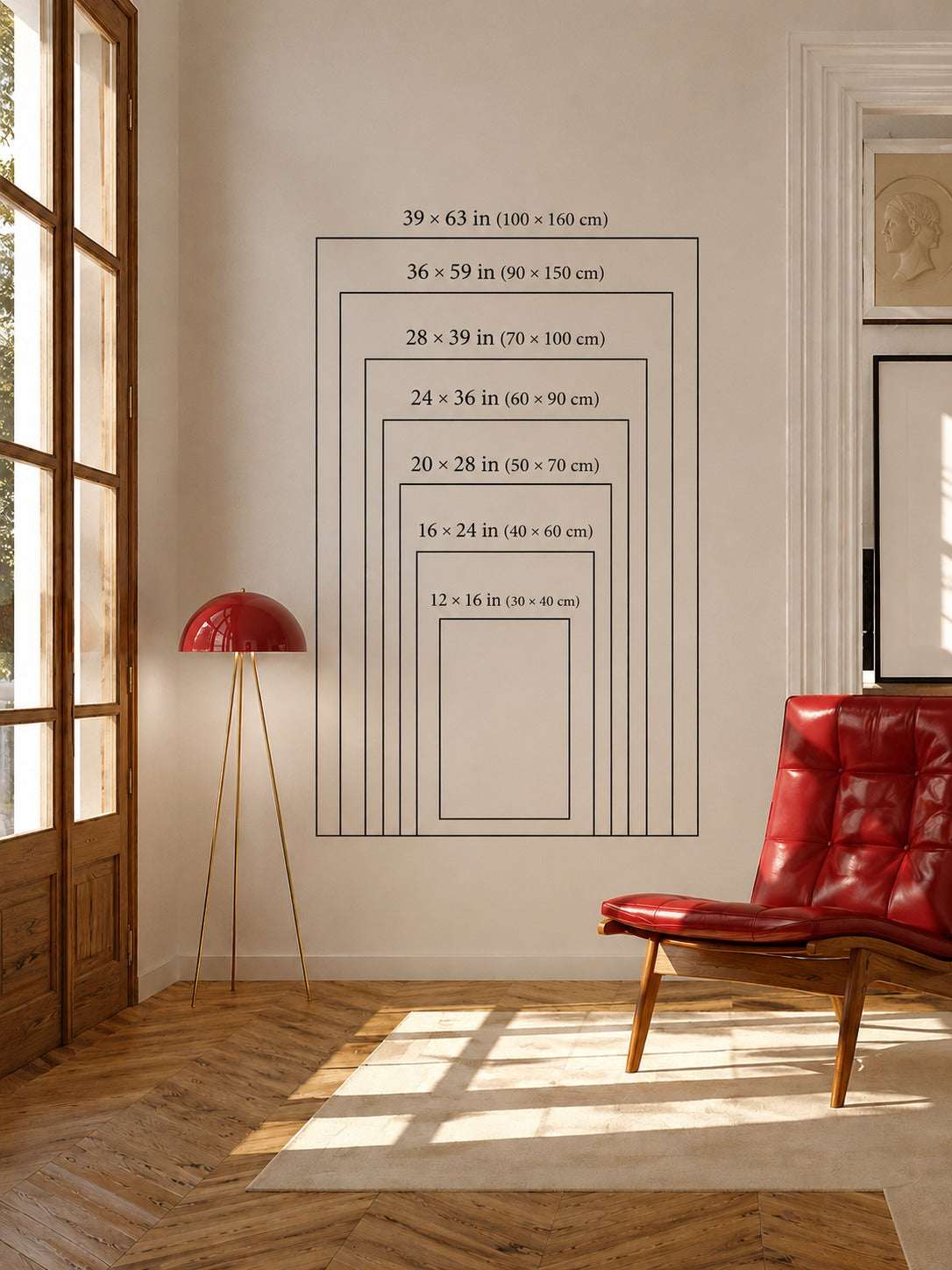 F1 racing wall poster size guide with stacked measurement rectangles