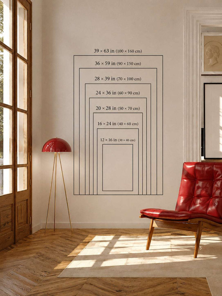 F1 racing wall poster size guide with stacked measurement rectangles