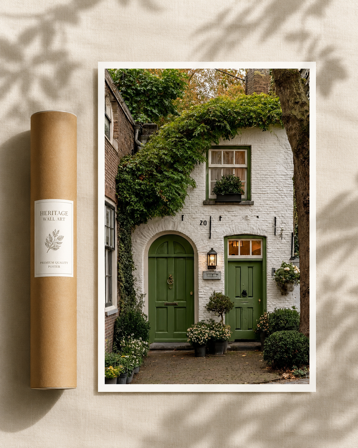 Ivy Floral Cottage Print featuring a charming home covered in lush climbing ivy with timeless stone architecture and a green doorway.