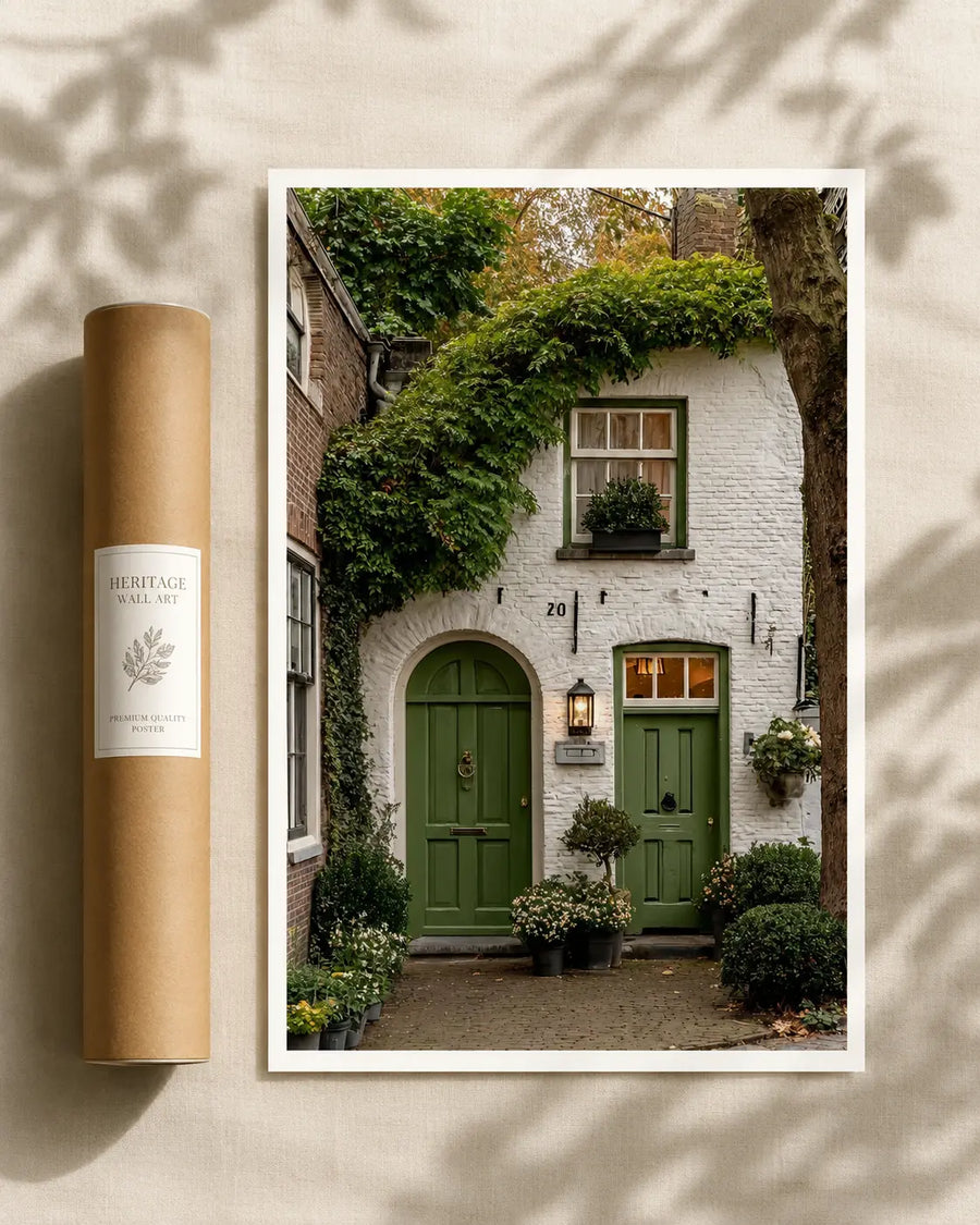 Framed cottage print with ivy vines, green doors, and brick arched entry