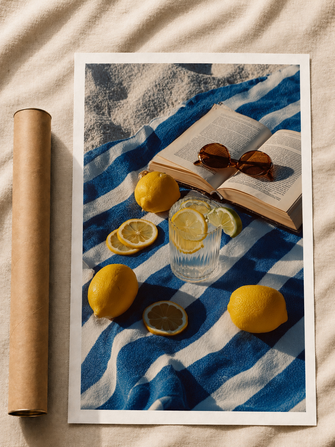 Framed picnic print with blue pattern, lemons, cocktail glass, and open book