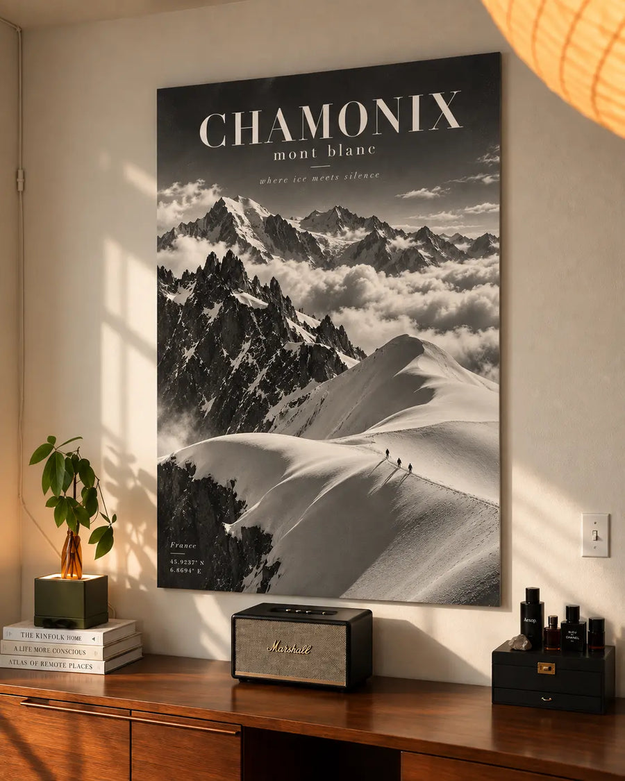 Chamonix Mountain Poster showing a curved snow covered ridge leading toward layered mountain peaks and cloudy alpine skies