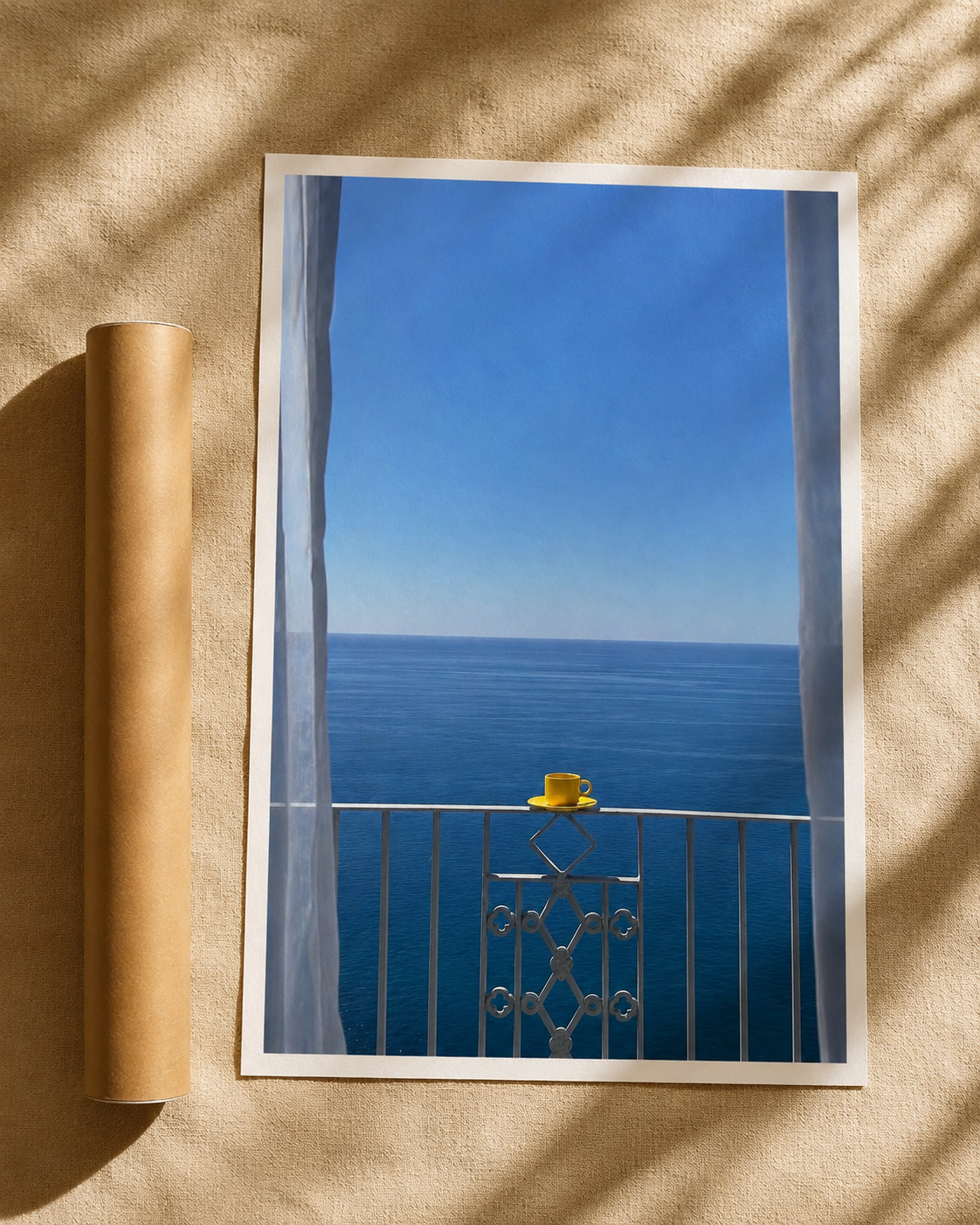 Sea view balcony print showing blue ocean, balcony railing, and yellow tea cup on table