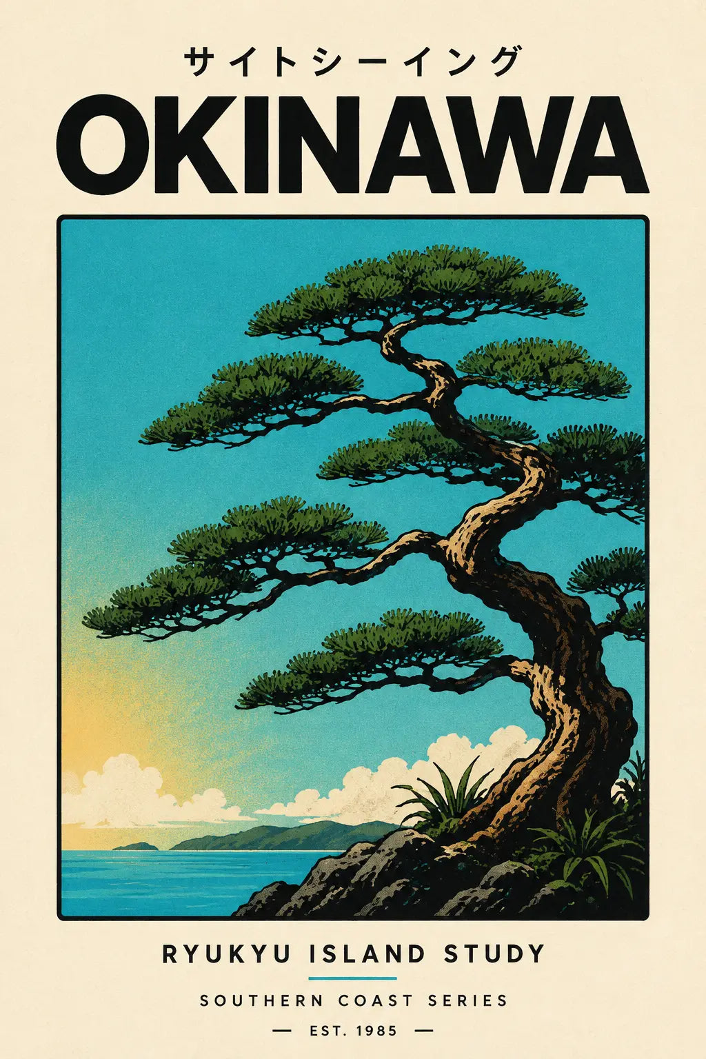 Okinawa Japanese art print close-up of illustrated evergreen tree over ocean