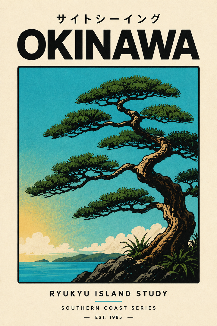 Okinawa Japanese Art Print featuring Okinawa coastal scenery with vintage inspired typography