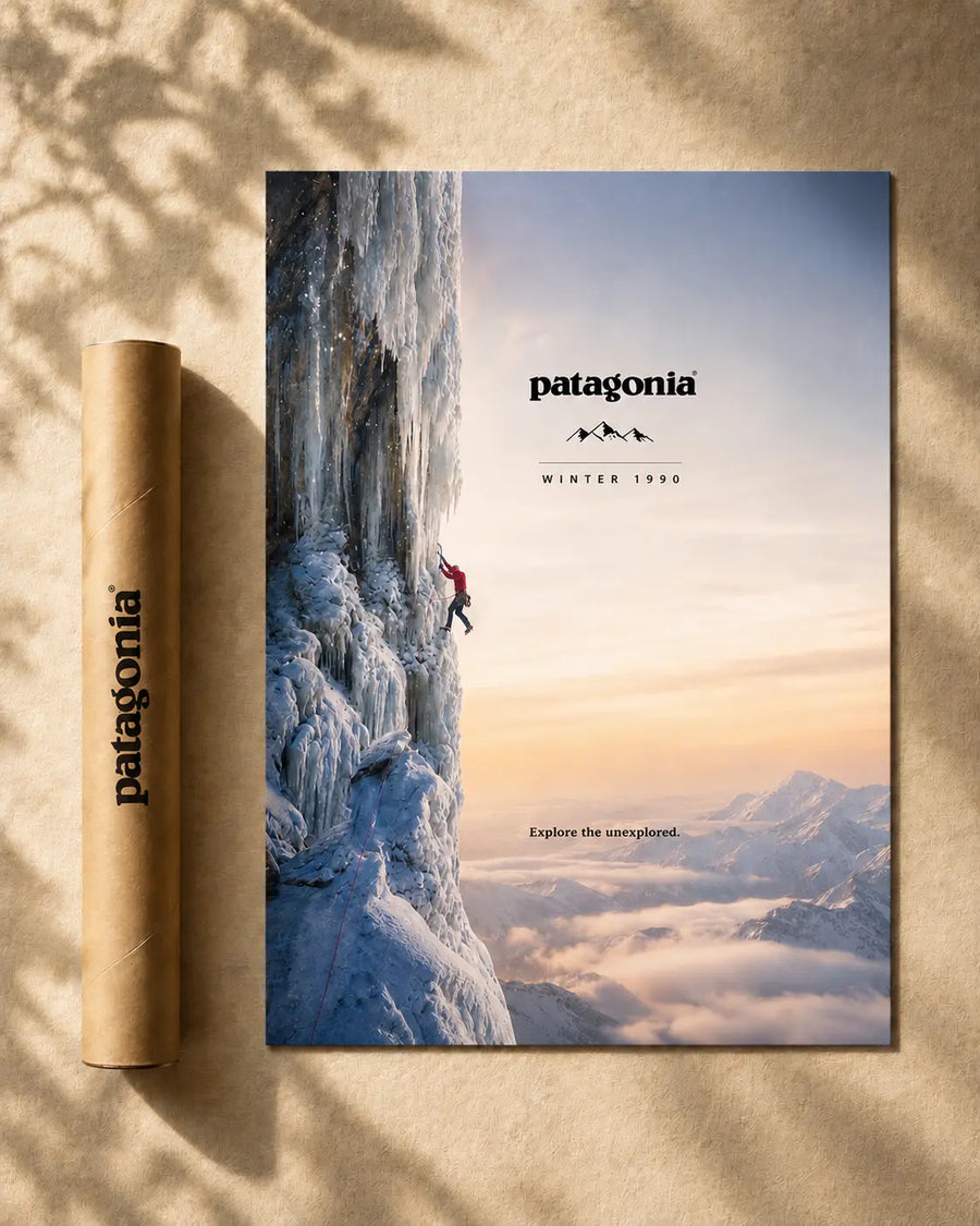 Mountain landscape print on poster, blue snowy cliff and hiker, Patagonia logo