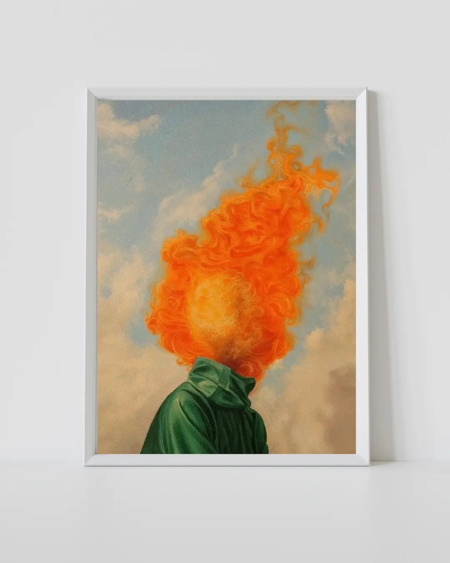 Gerahmter Kunstdruck mit leuchtend orangefarbener Flamme über grüner Kleidung