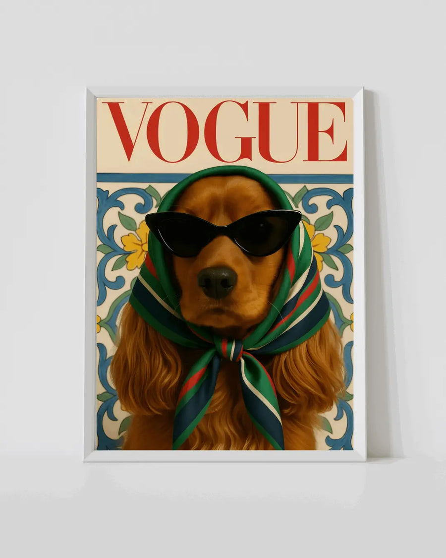 Framed Vogue dog wall art poster with tan spaniel wearing sunglasses and scarf