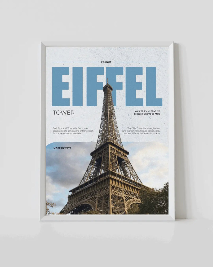 White-framed travel poster with Eiffel Tower artwork and blue typography