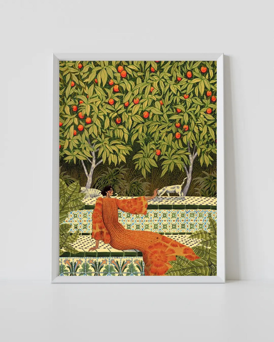 White-framed garden print with green leaves, red berries, birds, and an orange figure