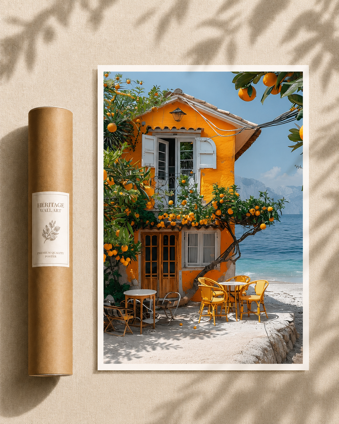 Orange Grove House Print with a colorful seaside home, lush orange trees, and warm Mediterranean architecture.