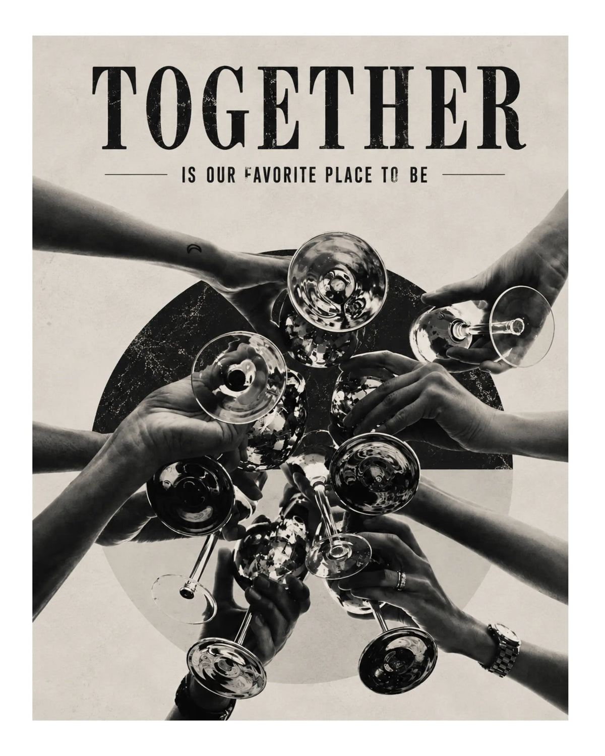 Typography art print poster with 'TOGETHER' text and black-and-white raised champagne glasses
