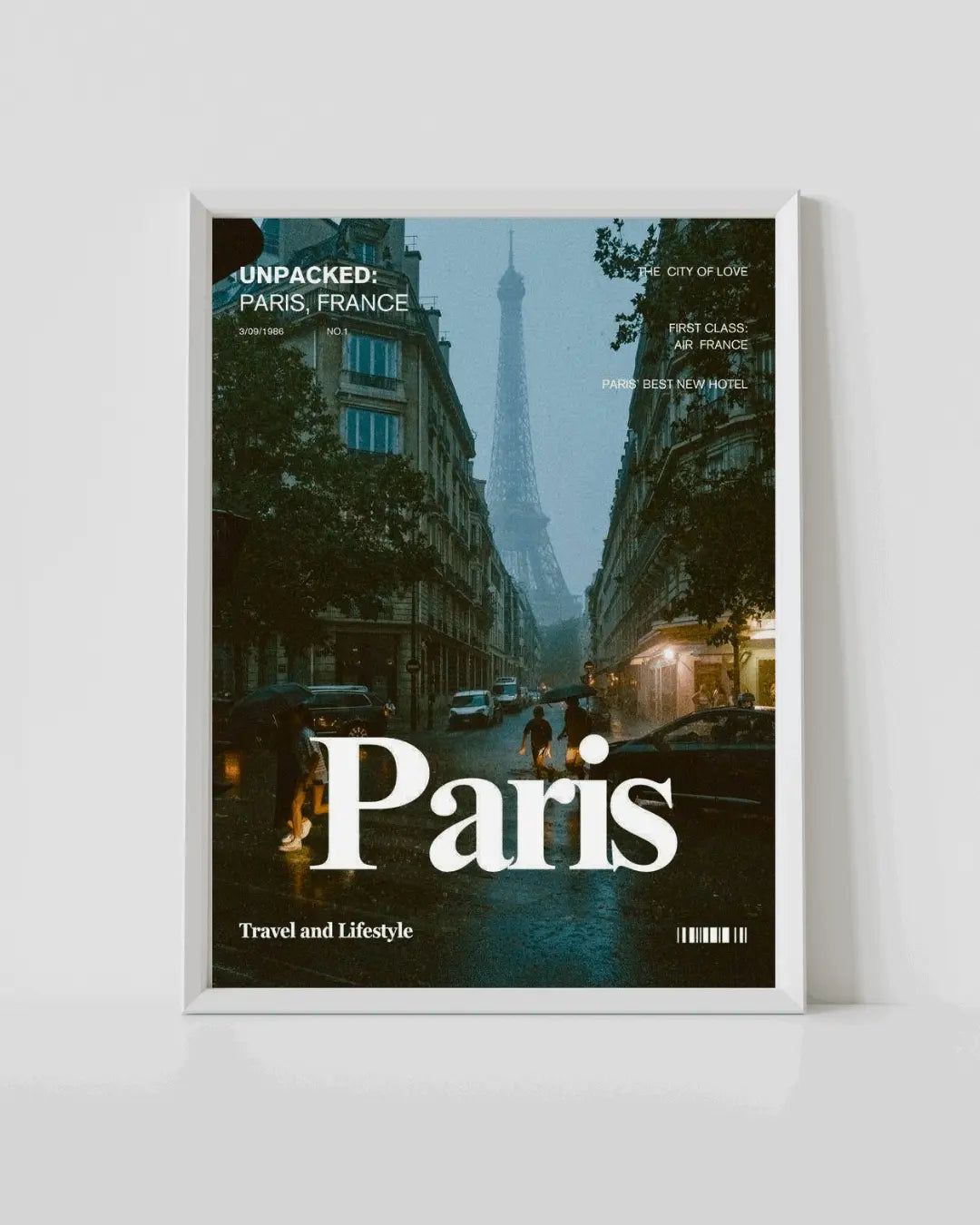 White-framed Paris travel poster with large 'Paris' typography