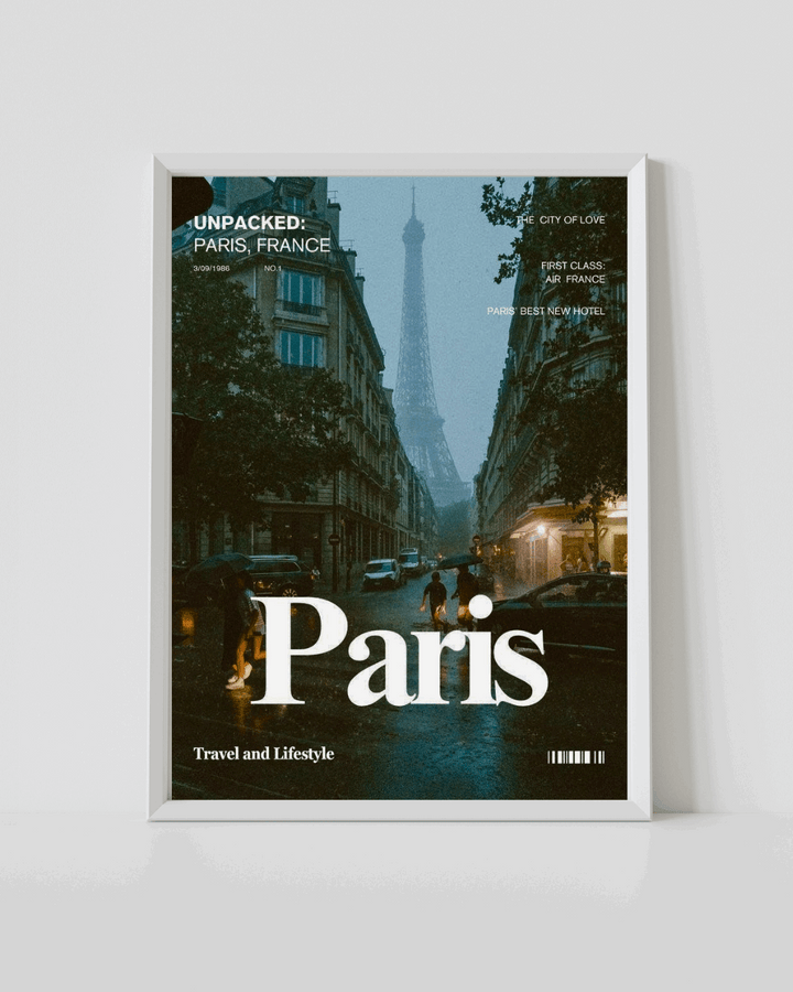 White-framed Paris travel poster with large 'Paris' typography